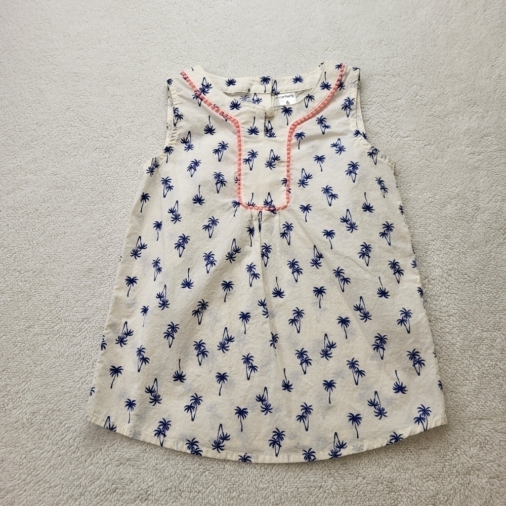 Carter's Size 6 Girls Sleeveless Top White with Blue Palm Trees Button Closure